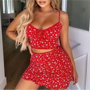 Tiger Mist Red Floral Skirt Set
